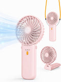 Portable Mini Fan, Foldable Handheld Cooling Fan with Lanyard, 4 Speeds, 15H Rechargeable Battery, Quiet Personal Fan for Travel, Home, Office, Outdoor, Makeup, Women, Men (Pink)