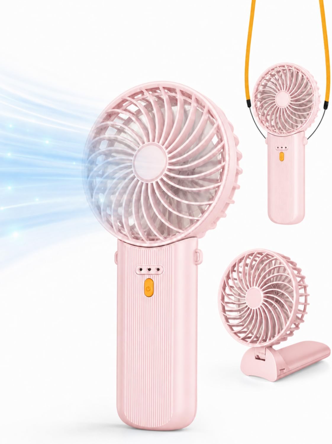 Portable Mini Fan, Foldable Handheld Cooling Fan with Lanyard, 4 Speeds, 15H Rechargeable Battery, Quiet Personal Fan for Travel, Home, Office, Outdoor, Makeup, Women, Men (Pink)