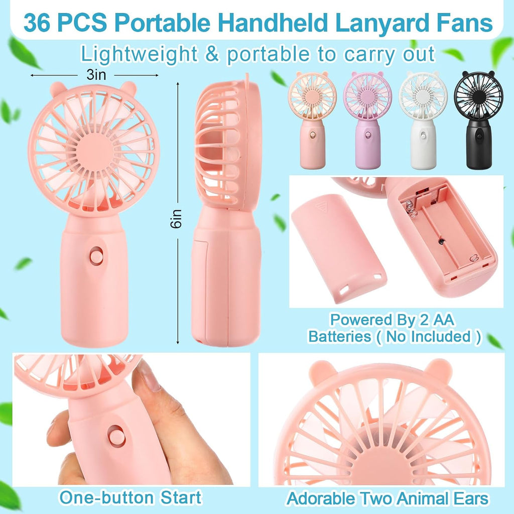 36 Pcs Mini Portable Fans Bulk Handheld Battery Operated Fan with Lanyard Lightweight Personal Fans for Summer Wedding Birthday Party School Office Cooling Gift (Black White Pink Purple)