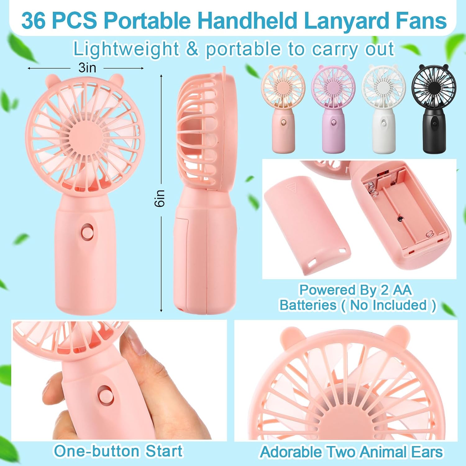 36 Pcs Mini Portable Fans Bulk Handheld Battery Operated Fan with Lanyard Lightweight Personal Fans for Summer Wedding Birthday Party School Office Cooling Gift (Black White Pink Purple)