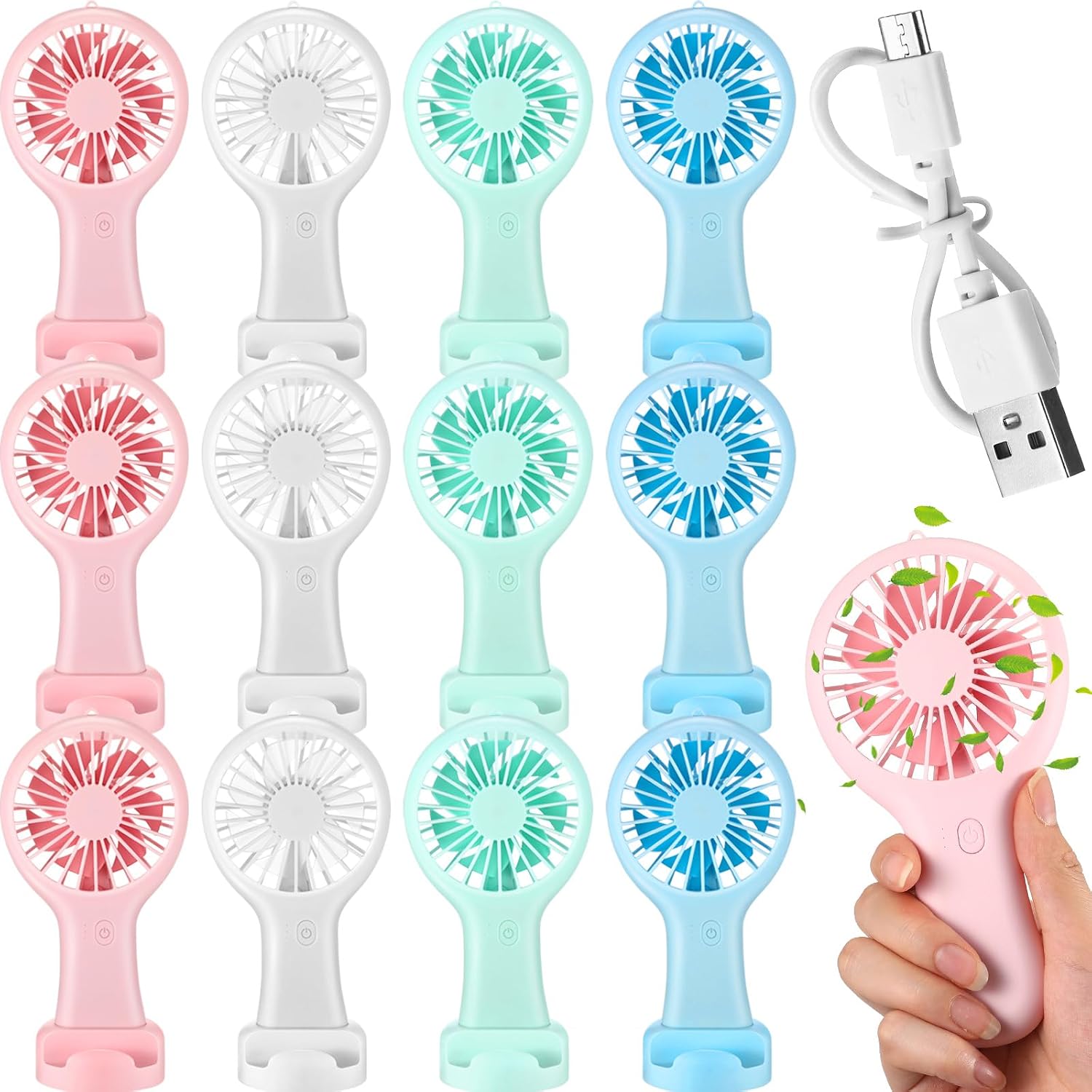 12 Pcs Mini Handheld Fan Bulk 3 Speed USB Electric Battery Operated Small Portable Pocket Fan with Data Cable and Mounting Base Quiet Summer Gift for Wedding Camping Travel(Vibrant Colors)