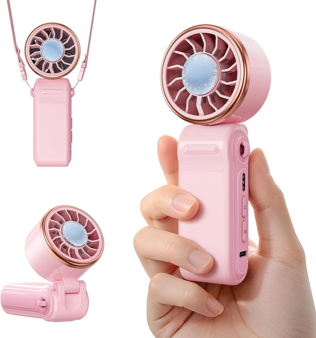 Mini Portable Fan with Ice Cooling, Lightweight Handheld Pocket Turbo Fan Rechargeable, 3 Speed, Foldable Personal Hand Fan for Travel, Beach Vacation, Women Girls (Pink)