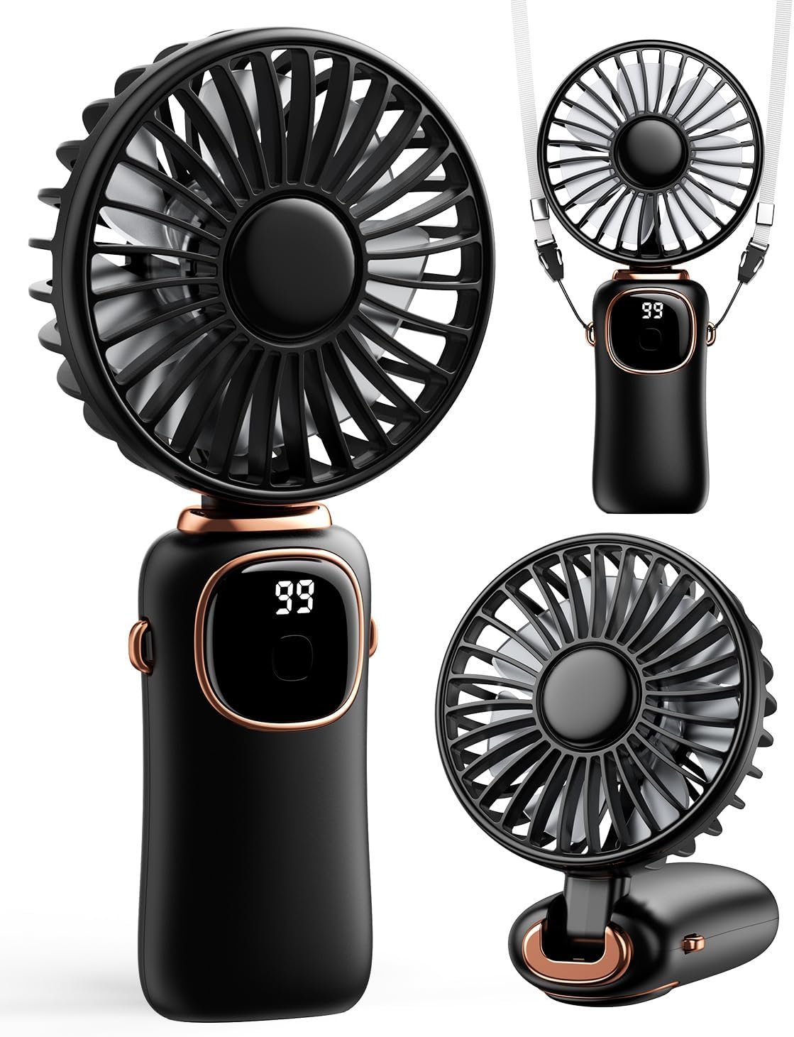 Portable Handheld Fan, 4000mAh Battery Operated 3 in 1 Multifunction Personal Travel Fans with Digital Display, 90° Foldable Desk Fan with Base, 5 Speed Lash Fan for Makeup/Office (Black)