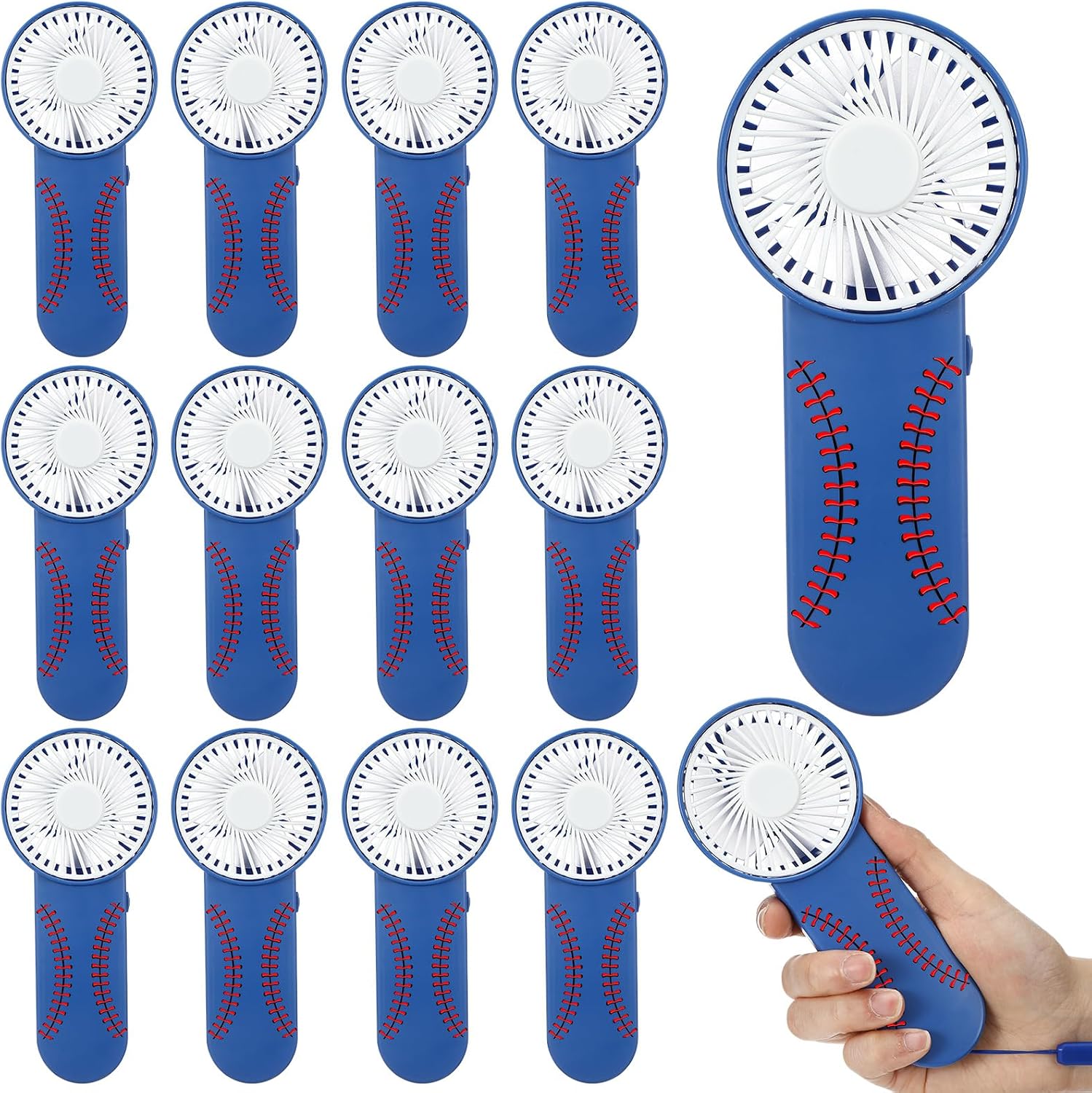 12 Pcs Mini Portable Baseball Fan Bulk Small Personal Handheld Fan with Lanyard for Team Gift Game Outdoor Sport Party Favors, Battery Not Include(Deep Blue)